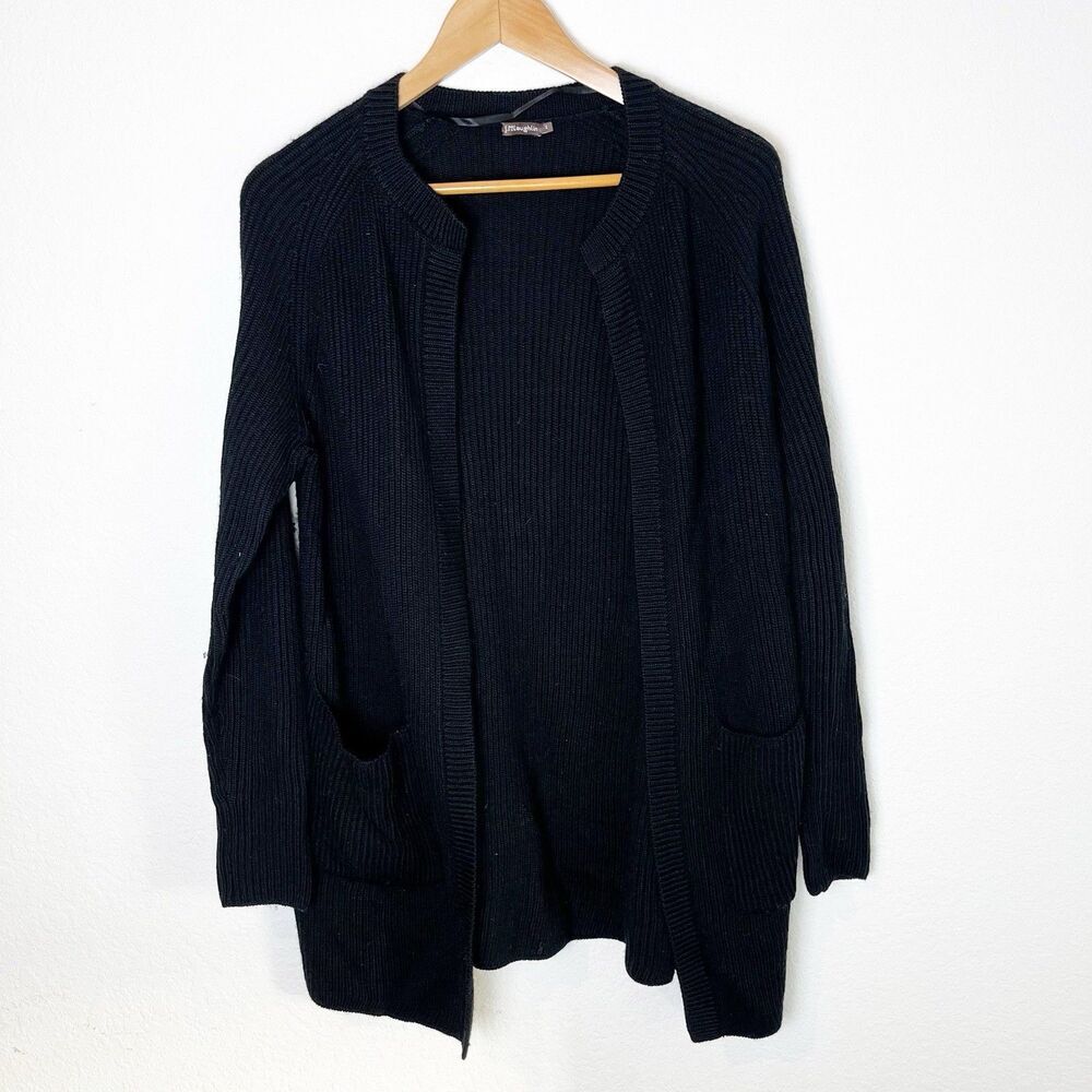 J McLaughlin Open Front‎ Black 100% Wool Cardigan Ribbed Small 243​